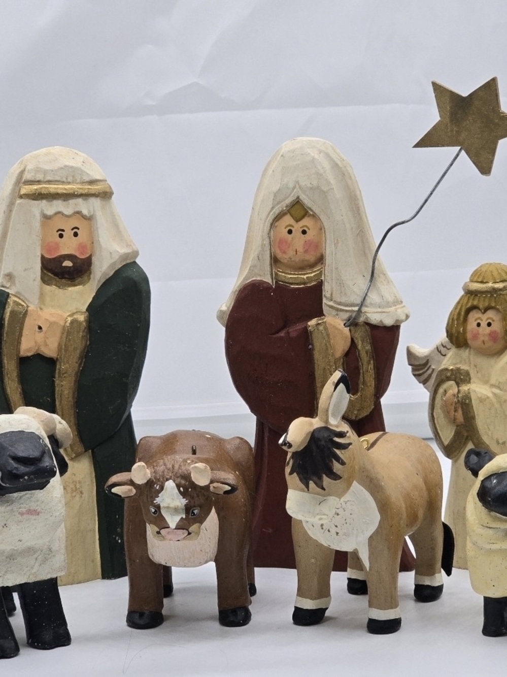 Vintage Handmade Wooden Nativity Figurine Set - Burgundy, Green, Cream